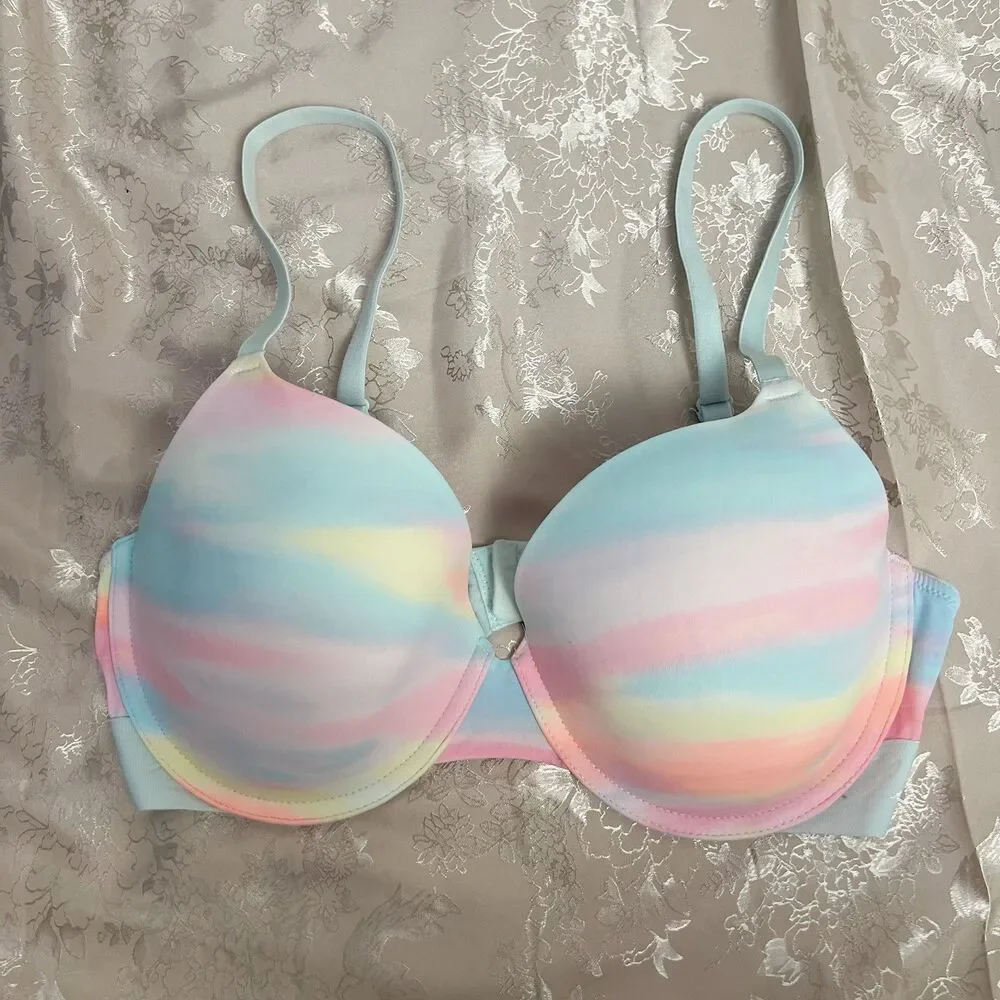 PINK Victoria's Secret T-Shirt Bra Blue Pink Watercolor Women's Size 34DD